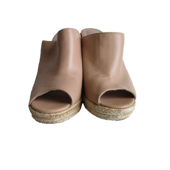 *Charles David Beige Leather Mule Espadrille Slide Peep Toe Wedge Heels - Picture 4 of 7